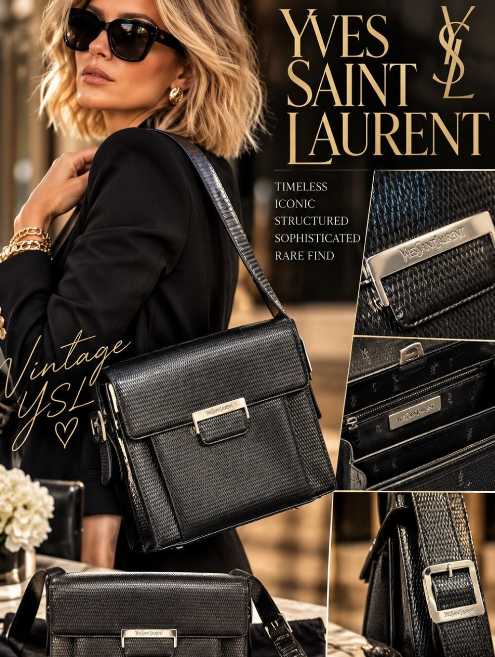 Yves Saint Laurent Vintage YSL Black Textured Leather Messenger Bag